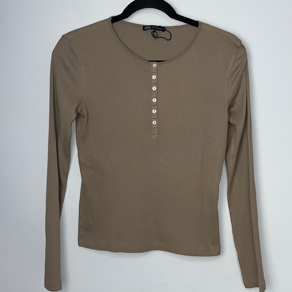Free with purchase. Zara Long Sleeve Ribbed Henley Top in Taupe